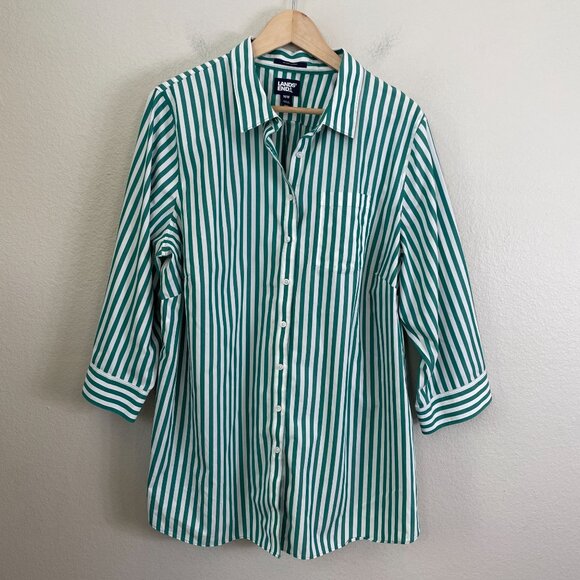 Lands End Womens Plus 18W No Iron Supima Cotton Green White Striped Shirt Blouse - Picture 7 of 10